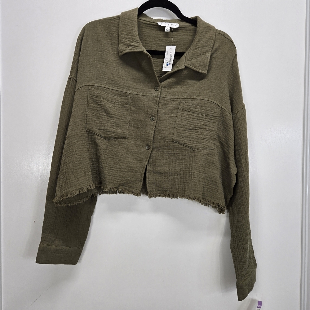 HYFVE Olive Green Cropped Gauze Button-Down‎ Shirt Frayed Hem Pockets Casual Med